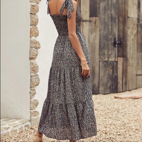 Boho floral tie shoulder shirred ruffle hem dress - Picture 8 of 13